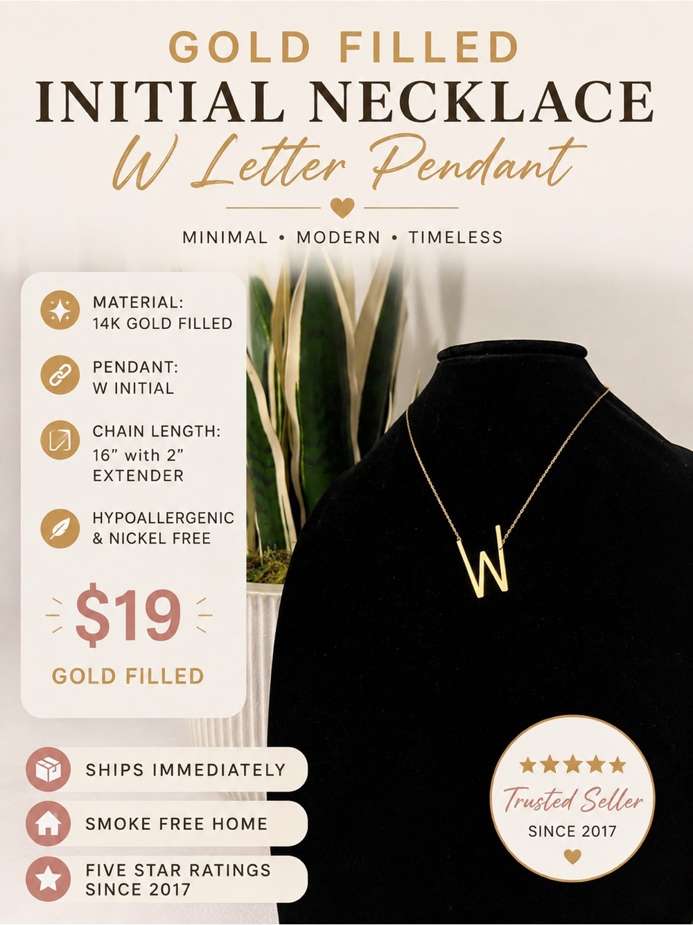 Gold Filled 'W' Initial Necklace - Gold